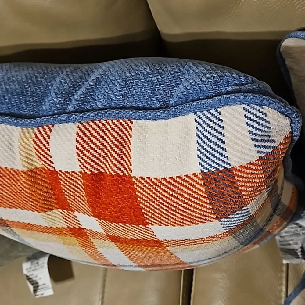 Fall Plaid Decor Throw Pillow Reversible Orange, Blue & Cream NWT